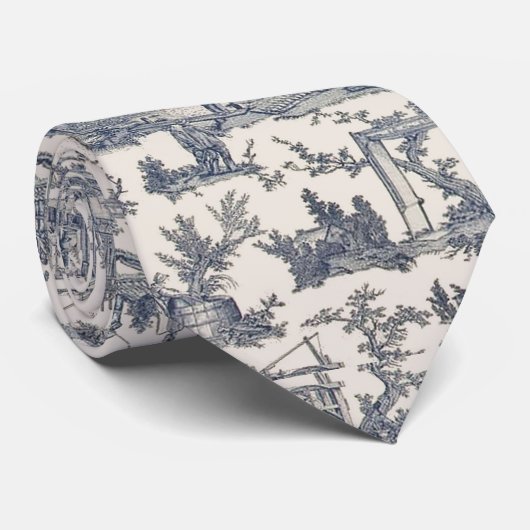 Navy Blue en Ivory French Toile Stropdas (Opgerold)