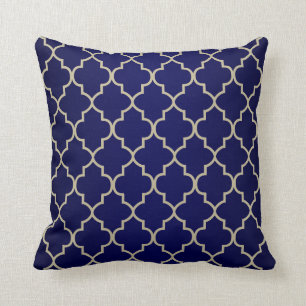 Navy Blue en Khaki Quatrefoil-ontwerp Kussen