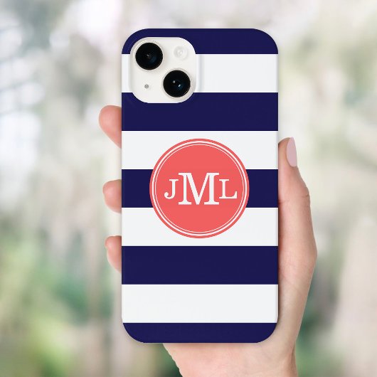 Navy Blue en koraal brede streep monogram Case-Mate iPhone Case