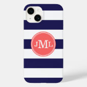 Navy Blue en koraal brede streep monogram Case-Mate iPhone Case (Achterkant)