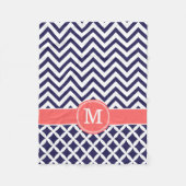 Navy Blue en koraal Chevron Custom Monogram Fleece Deken (Voorkant)