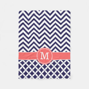 Navy Blue en koraal Chevron Custom Monogram Fleece Deken