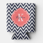 Navy Blue en koraal Chevron Monogram Blikjeskoeler (Voorkant)
