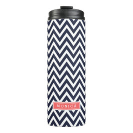 Navy Blue en koraal Chevron Monogram Thermosbeker