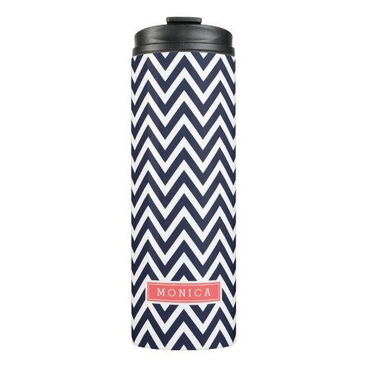 Navy Blue en koraal Chevron Monogram Thermosbeker (Voorkant)
