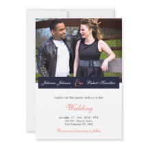 Navy Blue en koraal foto bruiloft uitnodiging