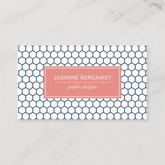 Navy Blue en koraal honingraat geometrisch patroon Visitekaartje (Voorkant)