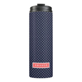 Navy Blue en koraal Tiny Stippen Monogram Thermosbeker