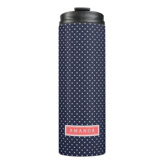 Navy Blue en koraal Tiny Stippen Monogram Thermosbeker (Voorkant)