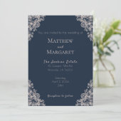 Navy Blue en Lace Wedding Kaart (Staand voorkant)