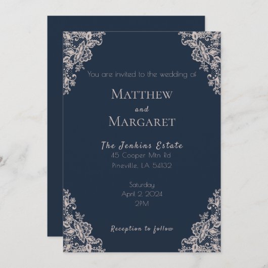 Navy Blue en Lace Wedding Kaart (Voorkant / Achterkant)