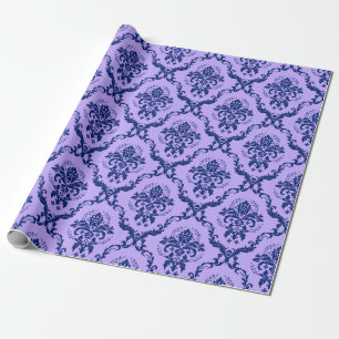 Navy Blue en Lavender Floral Damaspattern Cadeaupapier
