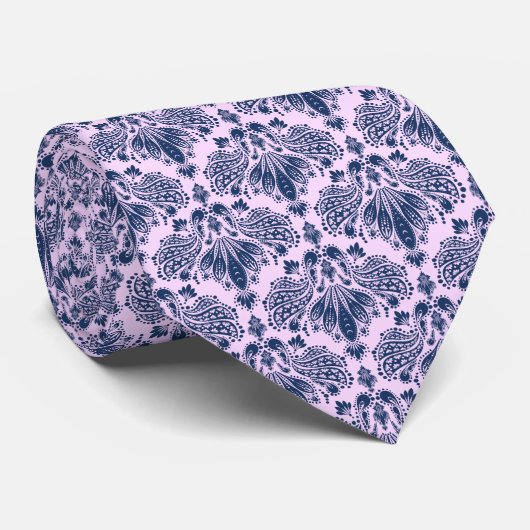 Navy Blue en Lavender Floral Damaspattern Stropdas (Opgerold)