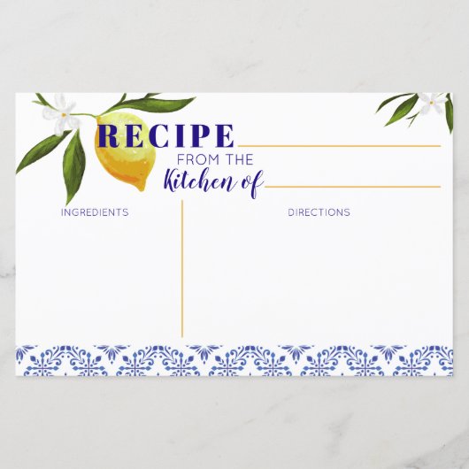 Navy Blue en Lemon Vrijgezellenfeest Recipe card (Voorkant)