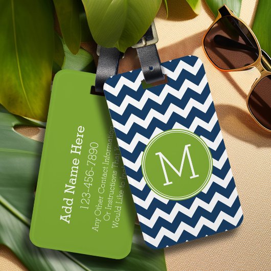 Navy Blue en Lime Green Chevrons Custom Monogram Bagagelabel