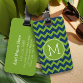 Navy Blue en Lime Green Chevrons Custom Monogram Bagagelabel