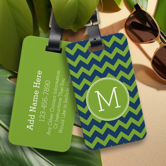 Navy Blue en Lime Green Chevrons Custom Monogram Bagagelabel