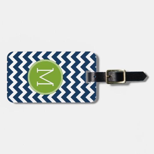 Navy Blue en Lime Green Chevrons Custom Monogram Bagagelabel (Voorkant horizontaal)