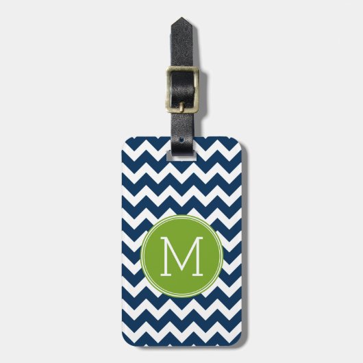 Navy Blue en Lime Green Chevrons Custom Monogram Bagagelabel (Voorkant verticaal)