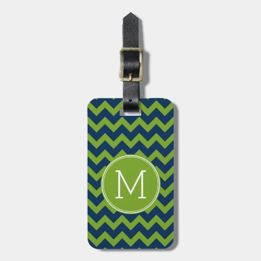 Navy Blue en Lime Green Chevrons Custom Monogram Bagagelabel (Voorkant verticaal)