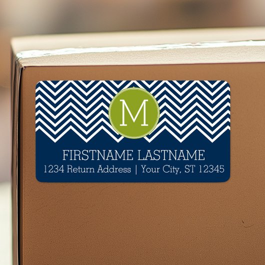 Navy Blue en Lime Green Chevrons Custom Monogram Etiket