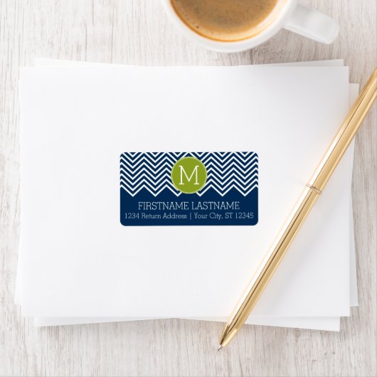 Navy Blue en Lime Green Chevrons Custom Monogram Etiket (Insitu)