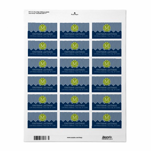Navy Blue en Lime Green Chevrons Custom Monogram Etiket (Full Sheet)