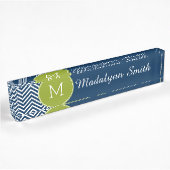 Navy Blue en Lime Green Chevrons Custom Monogram Naambordje
