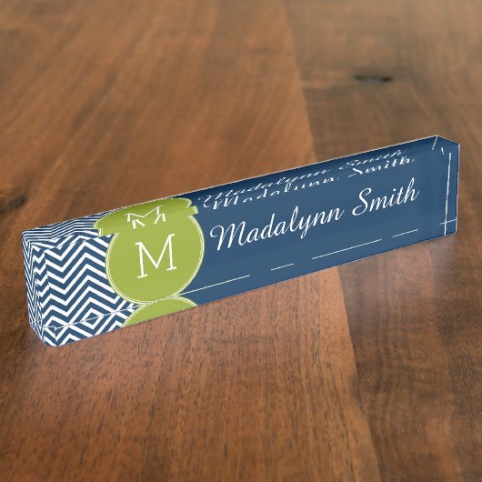 Navy Blue en Lime Green Chevrons Custom Monogram Naambordje (Zijkant)