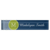 Navy Blue en Lime Green Chevrons Custom Monogram Naambordje (Voorkant)
