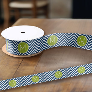 Navy Blue en Lime Green Chevrons Custom Monogram Satijnen Lint