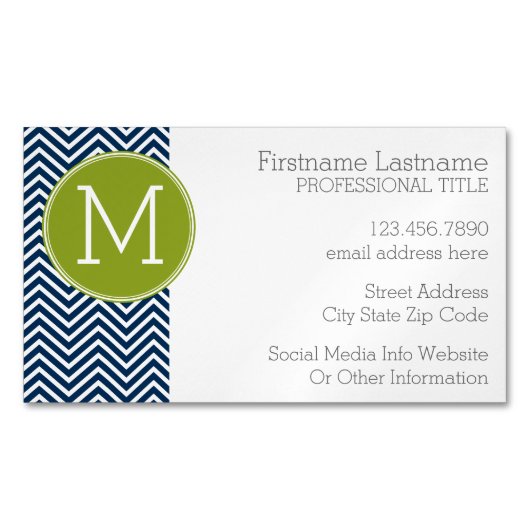 Navy Blue en Lime Green Chevrons Custom Monogram Visitekaartje Magneet (Voorkant)