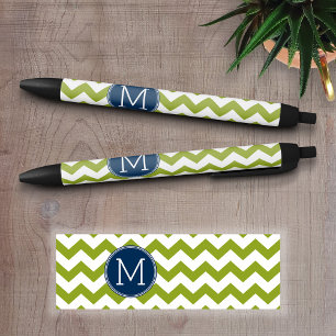 Navy Blue en Lime Green Chevrons Custom Monogram Zwarte Inkt Pen