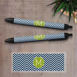 Navy Blue en Lime Green Chevrons Custom Monogram Zwarte Inkt Pen