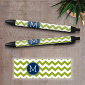 Navy Blue en Lime Green Chevrons Custom Monogram Zwarte Inkt Pen