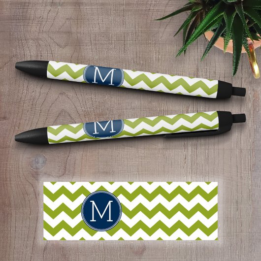 Navy Blue en Lime Green Chevrons Custom Monogram Zwarte Inkt Pen