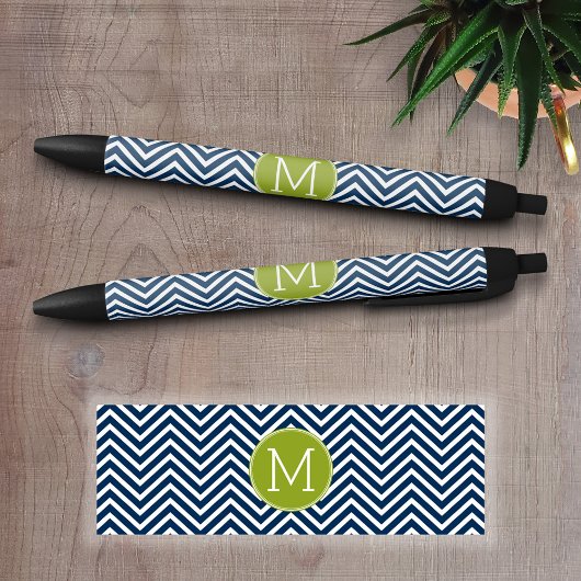 Navy Blue en Lime Green Chevrons Custom Monogram Zwarte Inkt Pen