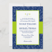 Navy Blue en Lime Green Damask bruiloft uitnodigin Kaart (Voorkant)