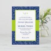 Navy Blue en Lime Green Damask bruiloft uitnodigin Kaart (Staand voorkant)