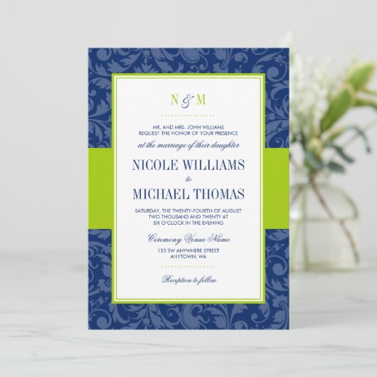 Navy Blue en Lime Green Damask bruiloft uitnodigin Kaart (Staand voorkant)
