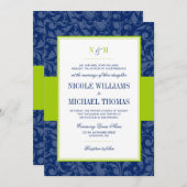 Navy Blue en Lime Green Damask bruiloft uitnodigin Kaart (Voorkant / Achterkant)