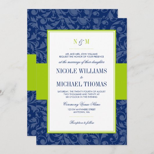 Navy Blue en Lime Green Damask bruiloft uitnodigin Kaart (Voorkant / Achterkant)