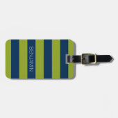 Navy Blue en Lime Green Rugby Stripes Custom Name Bagagelabel (Voorkant horizontaal)