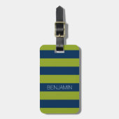 Navy Blue en Lime Green Rugby Stripes Custom Name Bagagelabel (Voorkant verticaal)