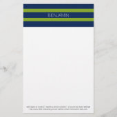 Navy Blue en Lime Green Rugby Stripes Custom Name Briefpapier (Voorkant)