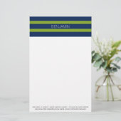 Navy Blue en Lime Green Rugby Stripes Custom Name Briefpapier (Staand voorkant)