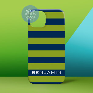 Navy Blue en Lime Green Rugby Stripes Custom Name iPhone 15 Case