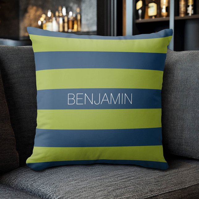 Navy Blue en Lime Green Rugby Stripes Custom Name Kussen (Custom Sporty Pillow)