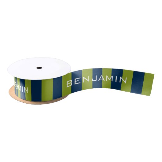 Navy Blue en Lime Green Rugby Stripes Custom Name Satijnen Lint (Spoel)