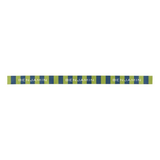 Navy Blue en Lime Green Rugby Stripes Custom Name Satijnen Lint (Voorkant)
